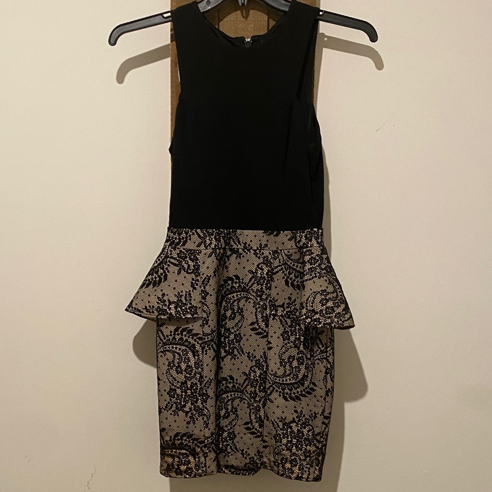 bebe Black and Tan Patterned Mini Dress